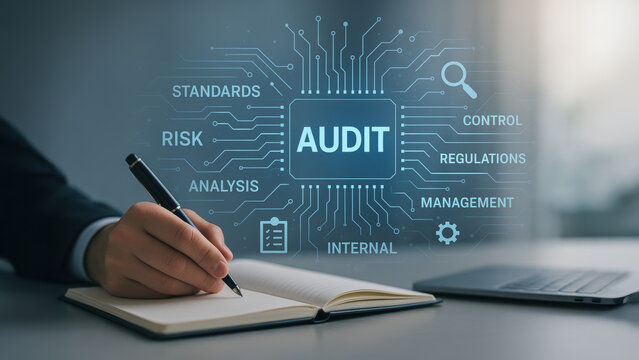 Audit risk analysis standards compliance quality control concept with notebook pen laptop and internal management regulations for corporate review and process improvement