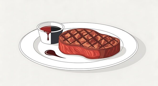 Delicious Grilled Steak Served on a White Plate with Dipping Sauce.