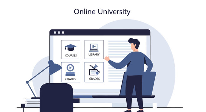 Student interacts with online university interface on laptop, accessing courses and library, representing modern education and digital learning. - Powered by Adobe