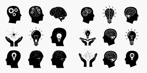 Black and white illustration of human heads with gears, brains, and lightbulbs inside, representing ideas and intelligence.