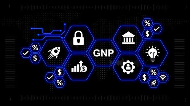 Gross National Product Concept with Icons and Network Connections on Dark Background economy finance