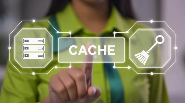 Cache and spam concept for website design or landing web page. Person using virtual touch screen push word: CACHE.4k video