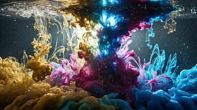 Vivid colors swirl and blend underwater, showcasing dynamic forms and light diffusion