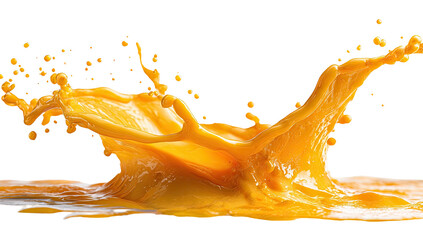 An orange liquid crown erupts upwards, capturing a precise moment of dynamic movement, isolated on black
