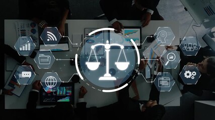 This image captures a business meeting focused on legal icons representing justice and technology, showcasing teamwork and data analysis in a dynamic corporate environment. Raster