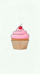 Delightful Pink Frosted Cupcake with Cherry Topping Illustration.