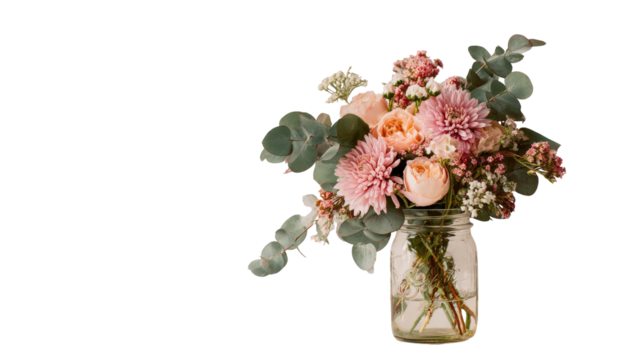 A floral arrangement sits in a jar, soft pinks and creams against a dark background