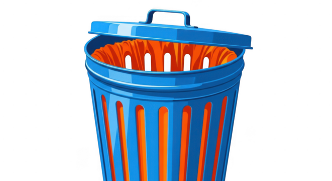 Blue and orange striped trash can with lid and handle, isolated on transparent background
