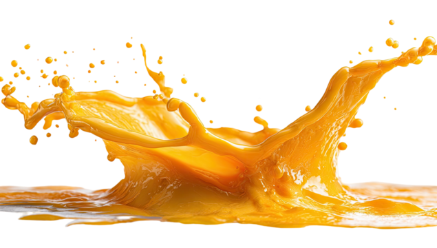 An orange liquid crown erupts upwards, capturing a precise moment of dynamic movement, isolated on black