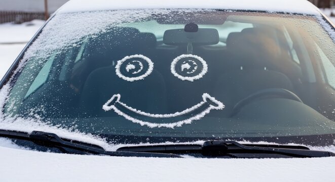 A cheerful smiley face drawn in frost on a snowy car windshield