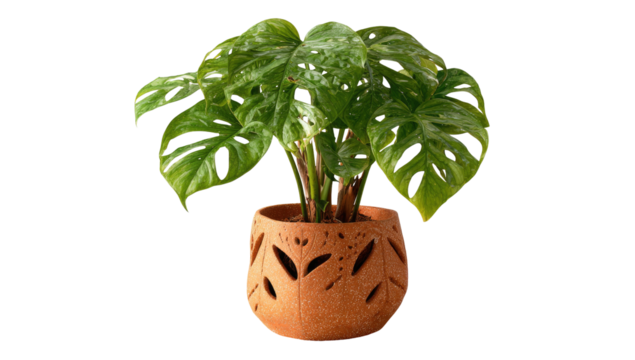 A vibrant Monstera plant with large, perforated leaves in a decorative, terracotta-colored pot