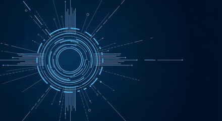 Abstract digital background featuring a central circular design with radiating lines and geometric shapes, creating a futuristic and technological aesthetic with a dark blue color palette