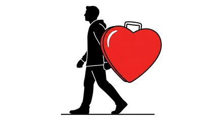 Man carrying a large red heart, symbolizing love and compassion.