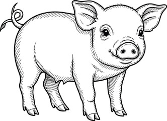 Friendly pig illustration, hand drawn farm animal, blue ink sketch, detailed livestock drawing, cute pig artwork, vintage style, rustic charm