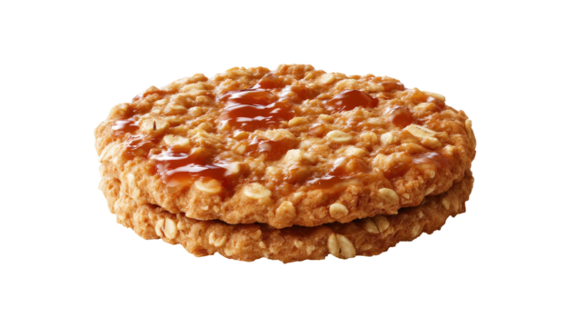 Two round, oat-based treats with a caramel-like filling, isolated on black