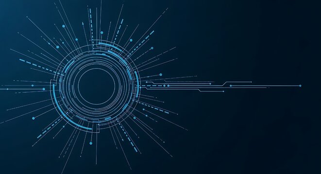 A dynamic abstract digital background showcases a central circular design with radiating lines and geometric shapes, creating a futuristic and technological aesthetic with a dark blue color palette
