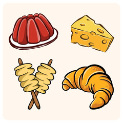 Diverse Food & Snack Set Illustration Asian Street Food, Pastries, and Classic Desserts