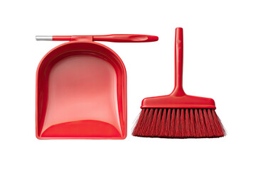 A vibrant red dustpan and small brush, tools for domestic cleaning, isolated on a transparent backdrop