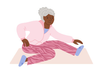 Elderly women doing yoga stretching. Gymnastic Pilates workout for granny. Older people funny lady women play sports cartoon vector. Elderly old senora fitness training exercises gymnastics yoga class