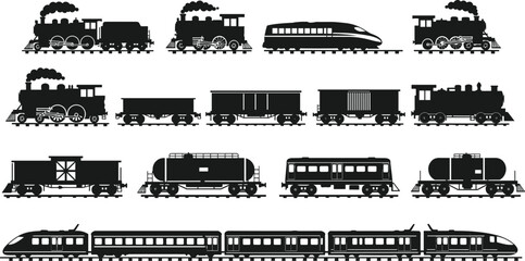 Historic steam locomotives, modern high speed trains, freight cars, passenger coaches, railway evolution, transportation history, vintage caboose, tank wagons, rail industry