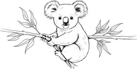 Koala illustration, wildlife drawing, Australian animal art, blue line sketch, conservation symbol, eucalyptus tree, nature artwork, detailed fur texture, expressive design