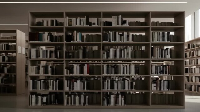 A library interior showing tall bookshelves filled with books, natural light, and a modern aesthetic