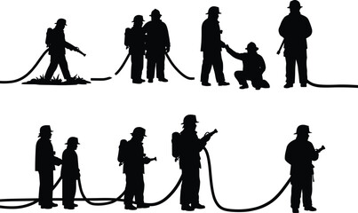 Silhouette illustration of firefighters working together with hoses and equipment, symbolizing teamwork, emergency response, safety, and fire rescue service.