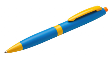 Bright blue and yellow pen with orange tip isolated on transparent background