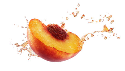 Cross-section of a peach erupting in a burst of juice against a stark black background