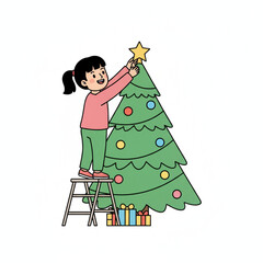 Girl decorating Christmas tree, flat 2D, plain white background.