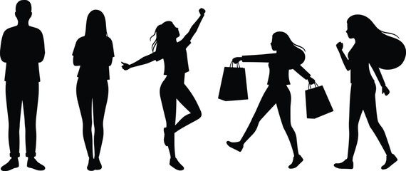 Silhouette illustration of people standing, walking, celebrating and shopping with bags, lifestyle activity vector design for fashion, retail and urban concepts