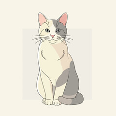 Charming cartoon cat with gentle eyes and soft fur, sitting elegantly and looking directly forward with a sweet, friendly expression.