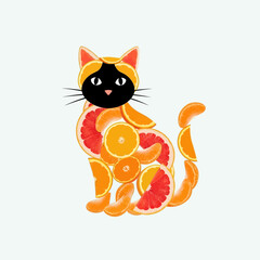 Whimsical cat crafted entirely from vibrant citrus fruits, a playful and healthy concept for food art and playful designs
