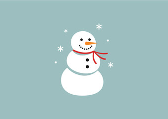 A cheerful snowman with a red scarf and carrot nose, surrounded by snowflakes.