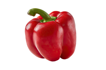 A vibrant, ripe red bell pepper, freshly picked with its green stem still attached, isolated
