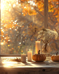 Cozy Fall Table Setting with Candles, Pumpkins, and Warm Light – Autumn Aesthetic Interior Scene