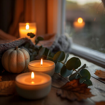 Cozy Fall Table Setting with Candles, Pumpkins, and Warm Light &ndash; Autumn Aesthetic Interior Scene