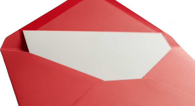 Open red envelope with white letter inside, isolated on transparent background
