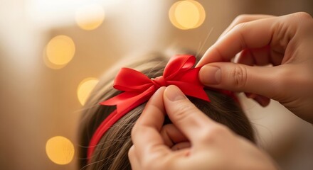 Closeup shows hands adjusting a red ribbon on a girls hair over a matching headband blurred lights in the background