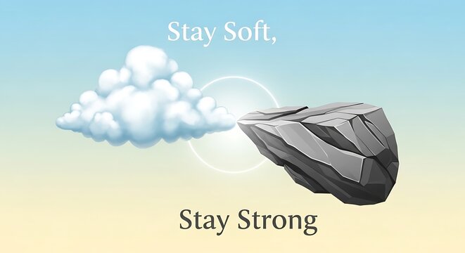 Stay Soft Stay Strong motivational quote with cloud and rock illustration.
