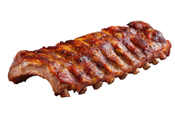 A close-up of cooked ribs on a black background, with a flavorful, glossy exterior