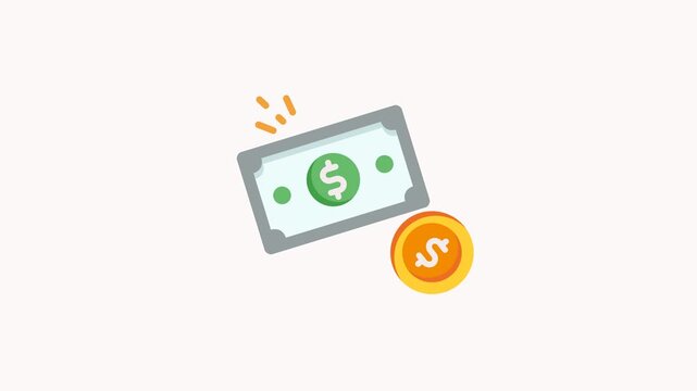 Animated money icon featuring a dollar bill and a golden coin, representing wealth, income, savings, and financial transactions. Perfect for fintech apps, banking platforms, digital wallets, and anima
