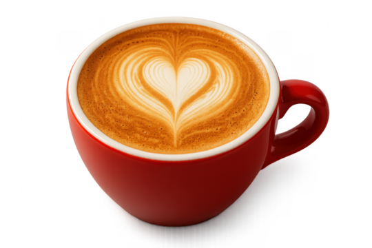 Latte art heart in red coffee cup