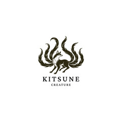 Obraz premium illustration of a mythical Japanese Kitsune (Nine-Tailed Fox) with multiple swirling tails, depicted in a detailed vintage woodcut style