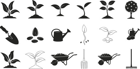 Plant growth stages, gardening tools, watering can, seeds, roots, soil, wheelbarrow, rake, eco farming, agriculture, sustainability, organic cultivation icons