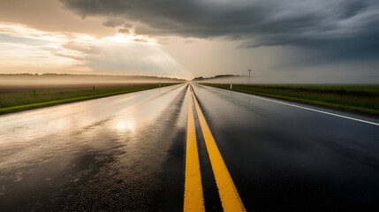 Naklejka premium Stormy Road with Sunlight Breaking Through Dramatic Clouds and Misty Horizon