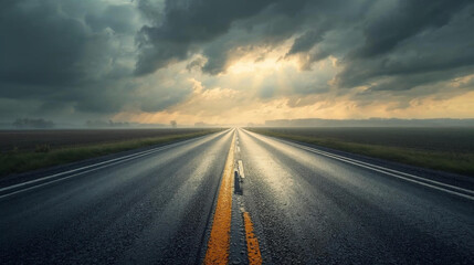 Naklejka premium Stormy Road with Sunlight Breaking Through Dramatic Clouds and Misty Horizon