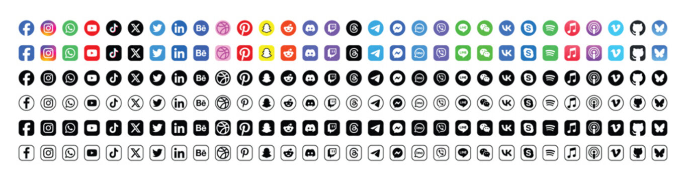 social media logo icon collection color black and outline set facebook, instagram, whatsapp, youtube, tiktok, linkedin, pinterest, telegram