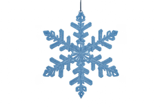 Blue glitter snowflake hanging ornament on transparent background