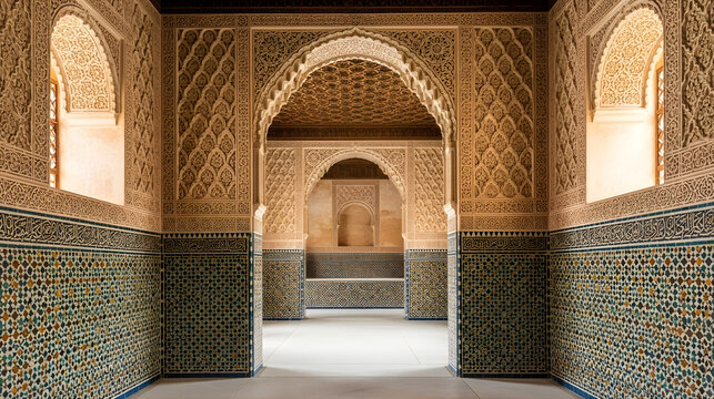 Traditional Islamic Interior with Ornate Arches, Geometric Tilework, and Sunlit Stucco Details
